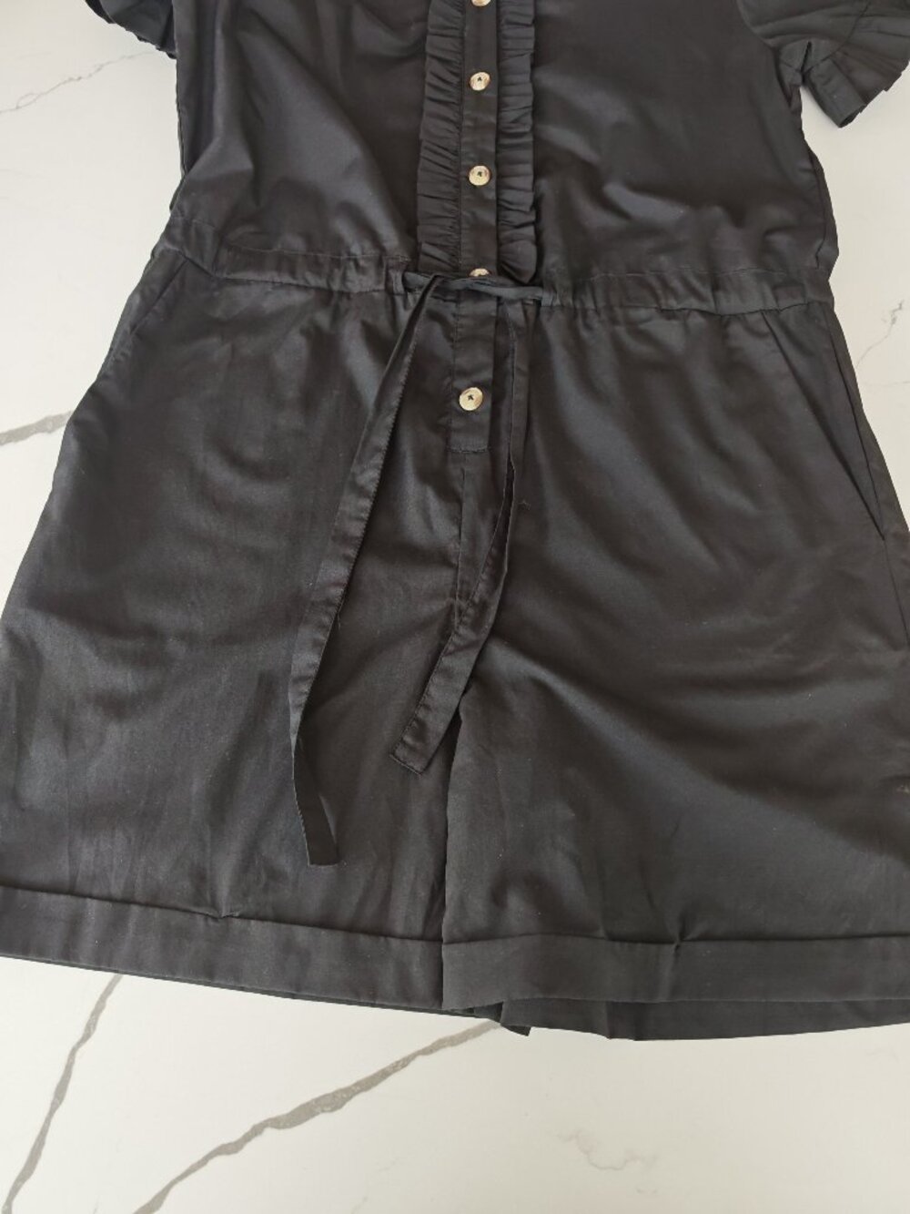 French Connection Black Ruffle Button Front Romper Dress Size 4 | Cinched Waist - Picture 8 of 11